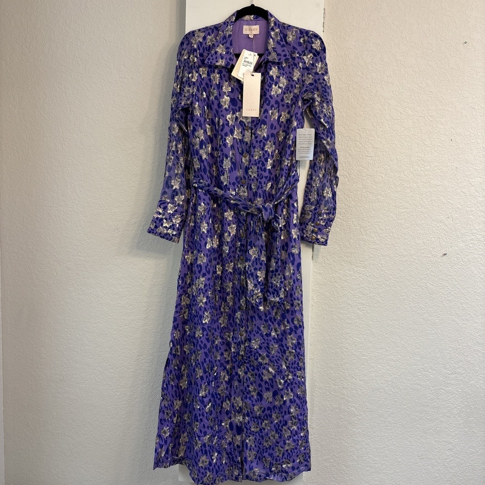 NEW Ciebon Jynai Metallic Star Chiffon Long Sleeve Maxi Shirtdress Purple XS